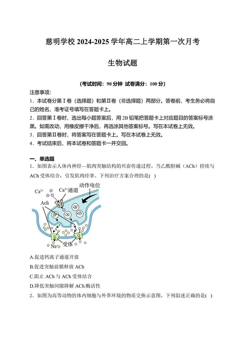 [生物]山东省泰安市肥城市肥城市慈明学校2024～2025学年高二上学期第一次月考学试卷(有答案)第1页