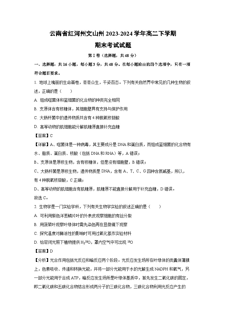 [生物][期末]云南省红河州文山州2023-2024学年高二下学期期末考试试题(解析版)第1页