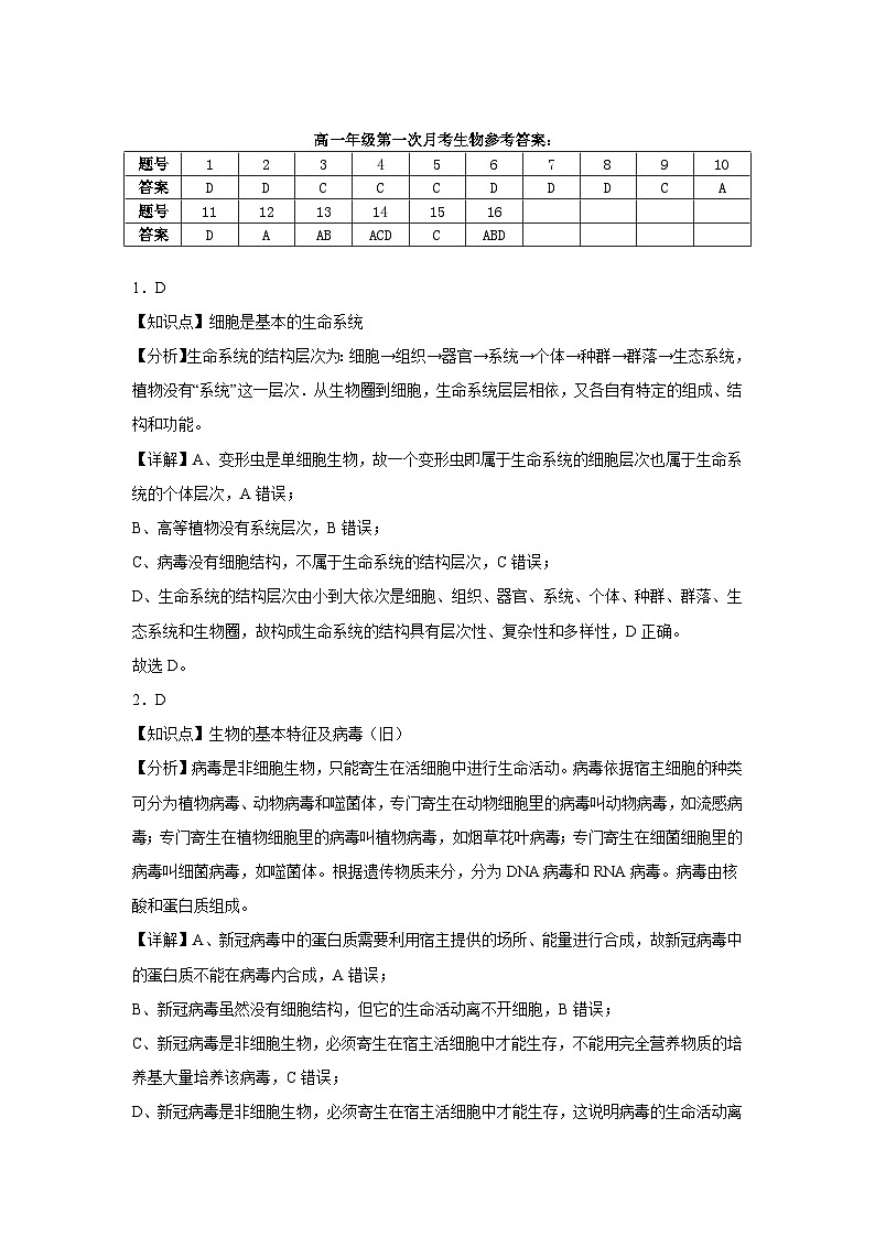 湖南省邵阳市第二中学2024-2025学年高一上学期第一次月考生物试题01