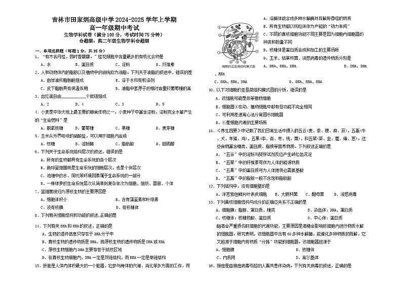 吉林省吉林市田家炳高级中学2024-2025学年高一上学期期中考试生物试题第1页