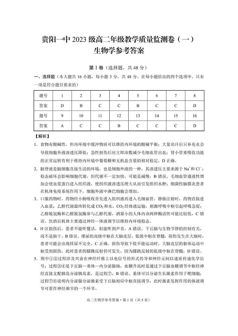 贵阳一中2023级高二年级教学质量监测卷（一）生物-答案第1页