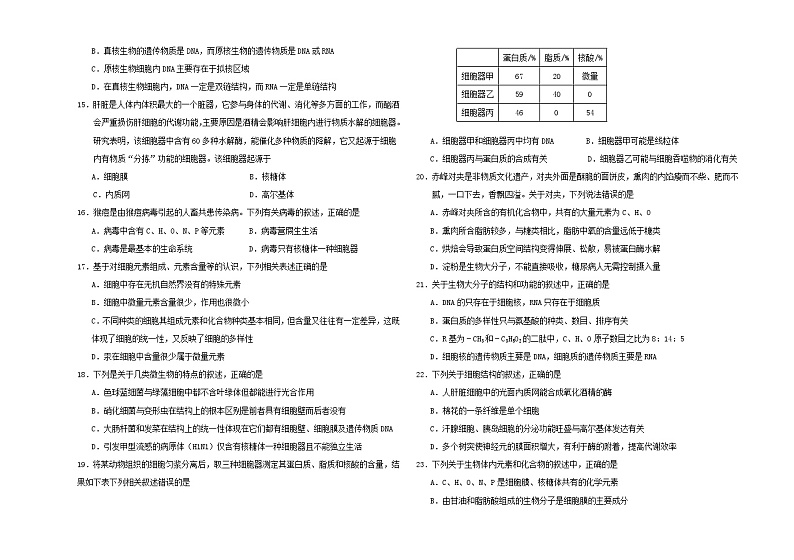 吉林省吉林市田家炳高级中学2024-2025学年高一上学期期中考试生物试题第2页