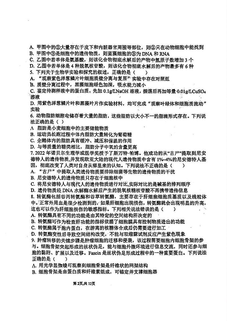 山东省淄博中学2023-2024学年高一上学期期中测试生物试题第2页