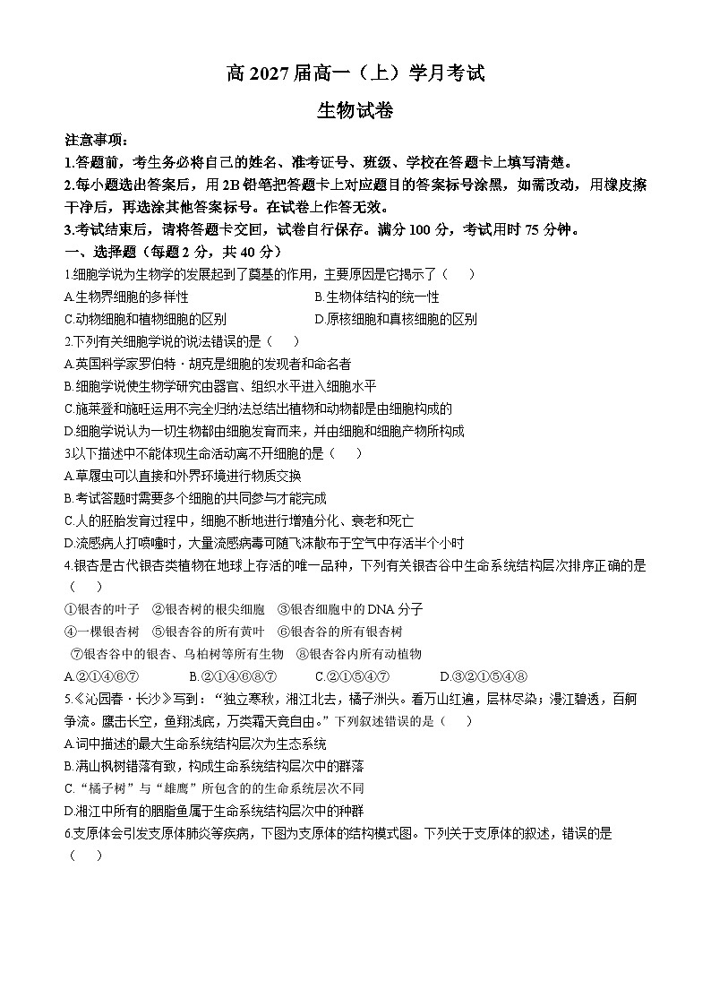 重庆市江北区鲁能巴蜀中学校2024-2025学年高一上学期10月月考生物试题第1页