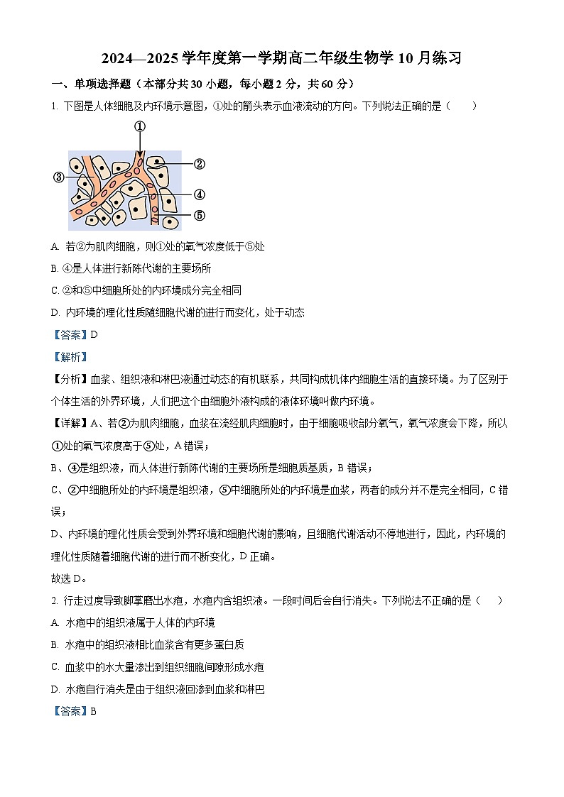 北京理工大学附属中学2024-2025学年高二上学期10月月考生物试卷（Word版附解析）01
