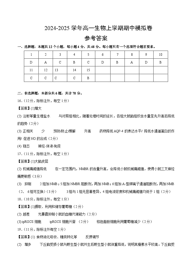 2024-2025学年高二上学期期中模拟考试生物（北京专用，第1~5章）试卷（Word版附解析）01