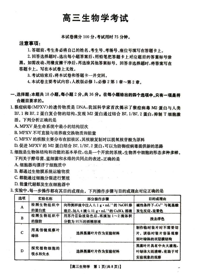 湖北省部分学校2024-2025学年高三年级10月联考试卷生物（含答案）01