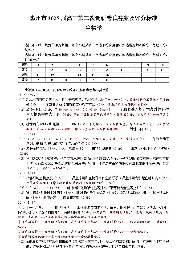 惠州市2025届高三第二次调研考试生物科答案 （终定稿）第1页