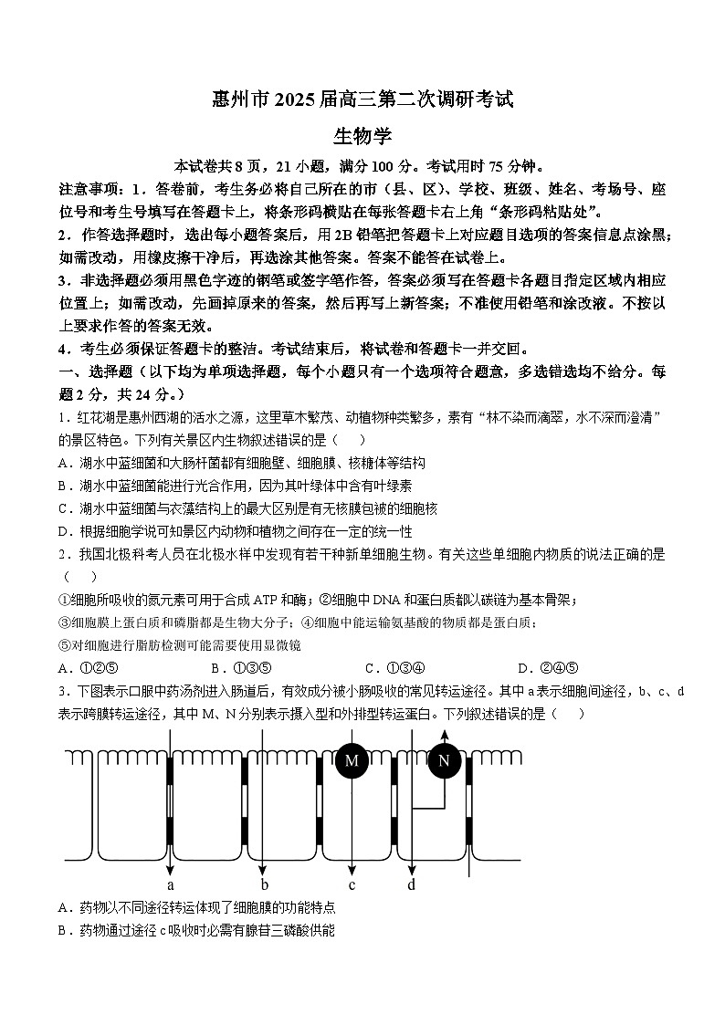 2025届广东省惠州市高考二模生物试题(无答案)第1页
