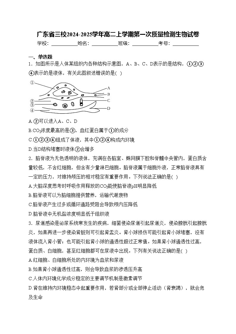 广东省三校2024-2025学年高二上学期第一次质量检测生物试卷(含答案)第1页
