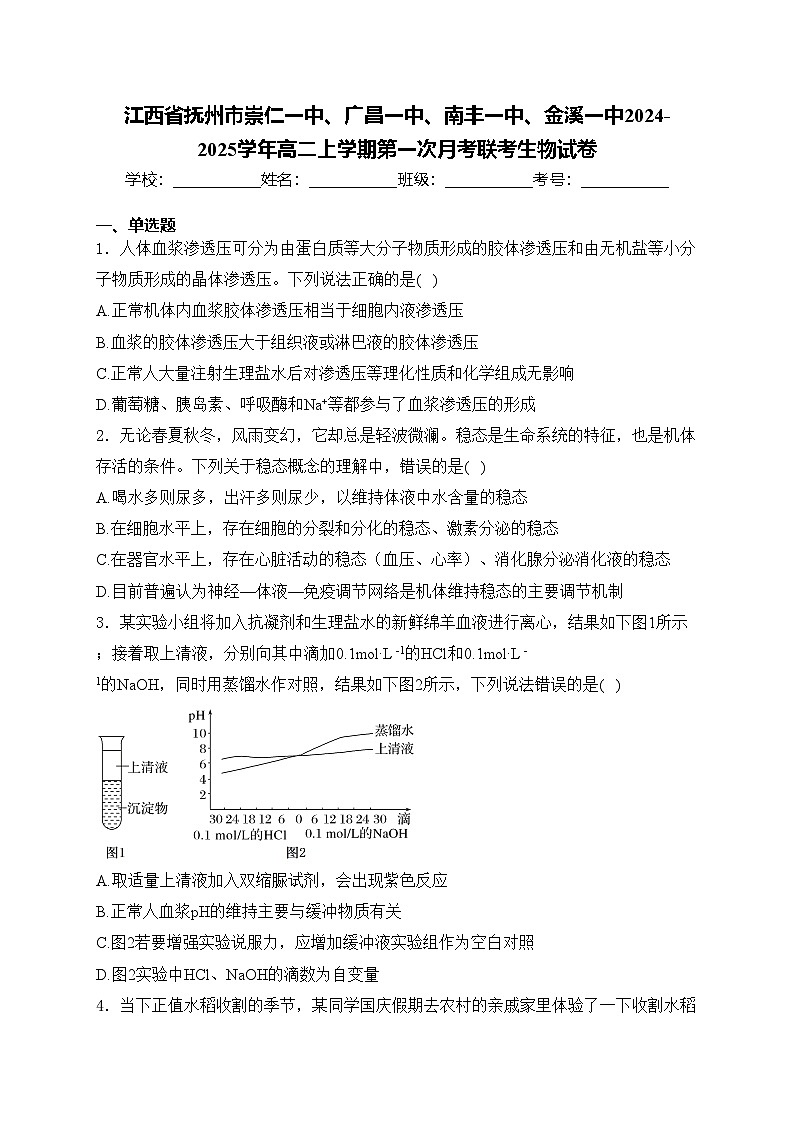 江西省抚州市崇仁一中、广昌一中、南丰一中、金溪一中2024-2025学年高二上学期第一次月考联考生物试卷(含答案)01