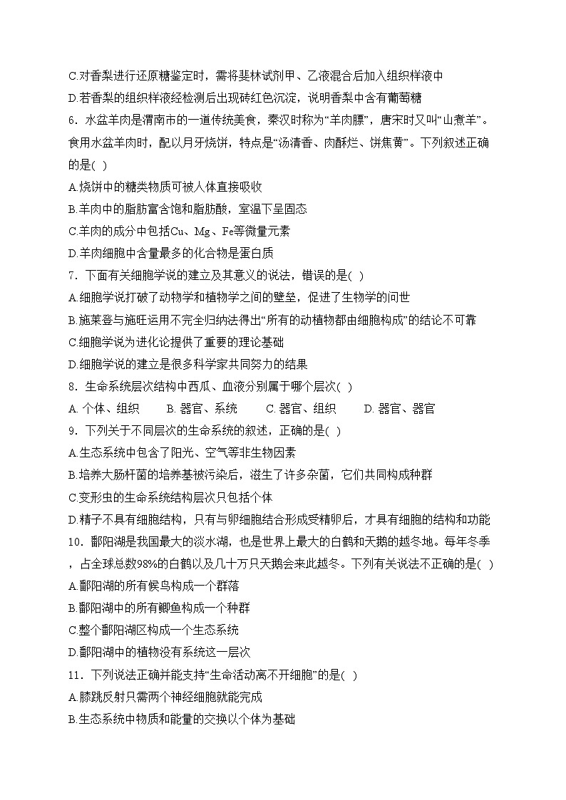 山西省平遥中学校2024-2025学年高一上学期10月月考生物试卷(含答案)第2页