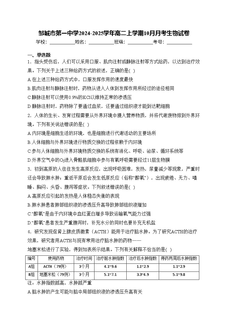 邹城市第一中学2024-2025学年高二上学期10月月考生物试卷(含答案)第1页