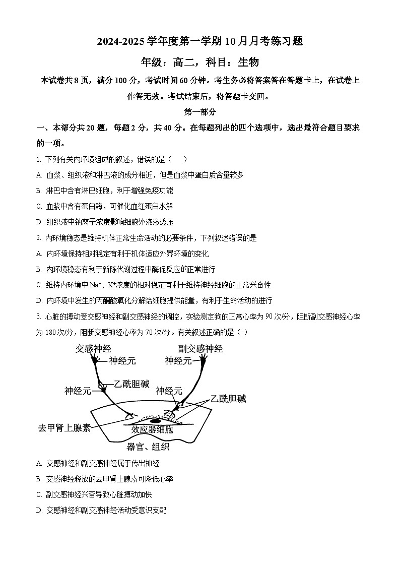 北京市第八中学京西校区2024-2025学年高二上学期10月月考生物练习题试卷（Word版附解析）01