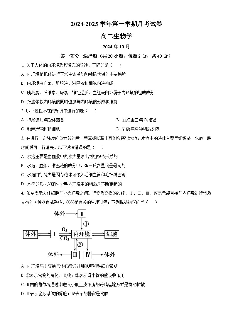 北京市清华大学附属中学朝阳学校2024-2025学年高二上学期第一学期10月月考生物试卷 Word版无答案第1页