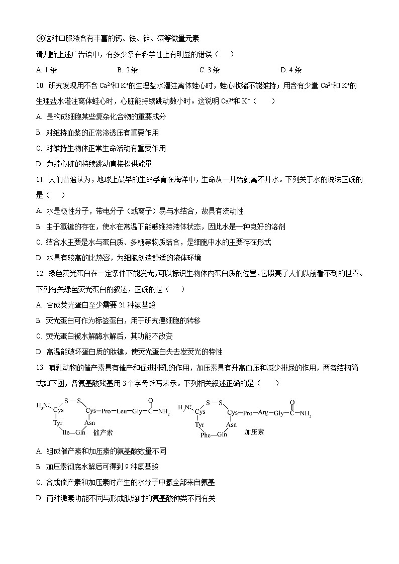 河南省郑州市第一中学2024-2025学年高一上学期第一次月考生物试卷（Word版附答案）第3页