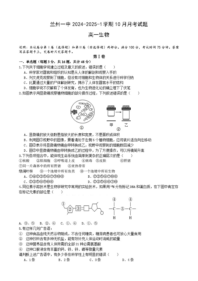 甘肃省兰州第一中学2024-2025学年高一上学期10月月考生物试卷（Word版附答案）第1页