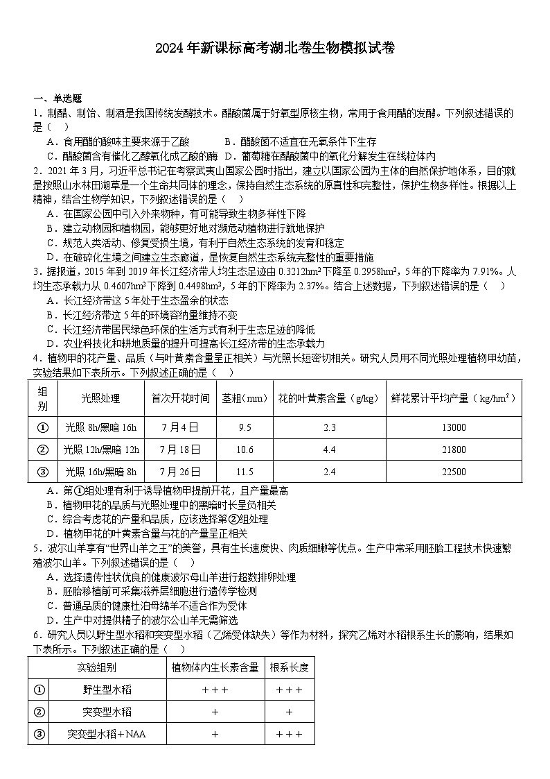 2024年湖北高考生物模拟试卷附答案第1页