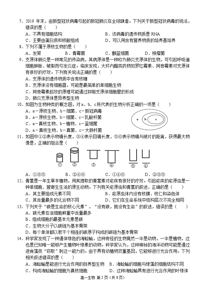 重庆市西南大学附属中学校2024-2025学年高一上学期10月月考生物试题02