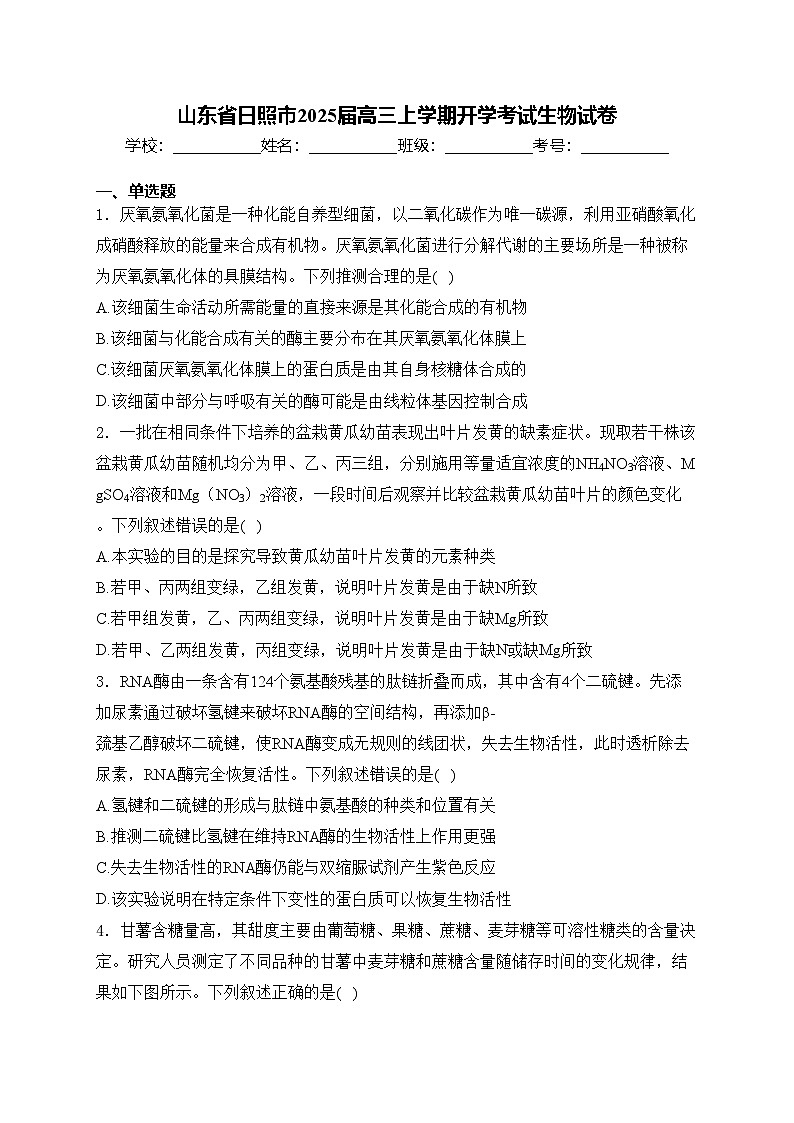山东省日照市2025届高三上学期开学考试生物试卷(含答案)01