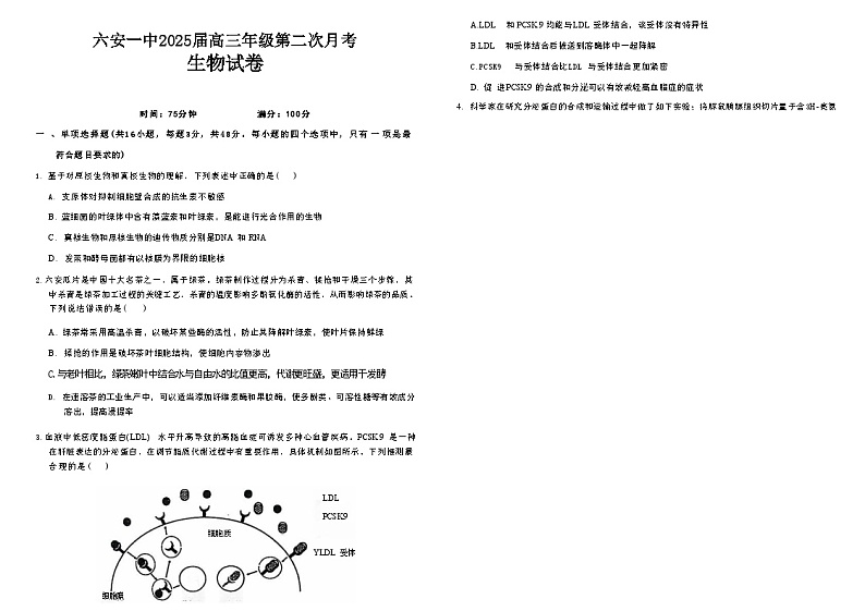【百强校】【安徽卷】安徽省六安第一中学2024-2025学年高三上学期9月月考 生物试卷+答案第1页
