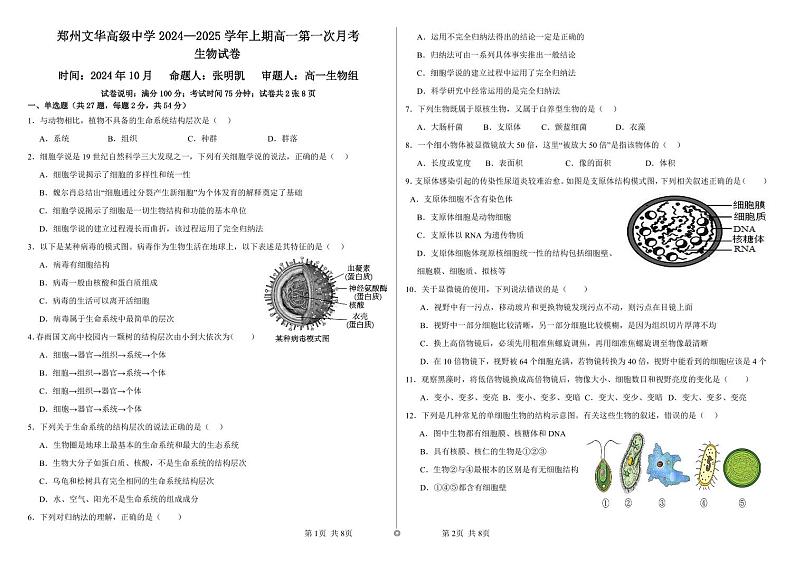 解析版：高一年级第一次月考（2024年10月）第1页