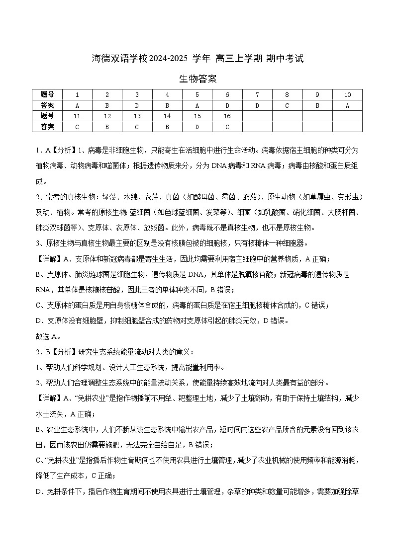 广东省东莞市东莞市海德双语学校2024-2025学年高三上学期10月期中生物试题01