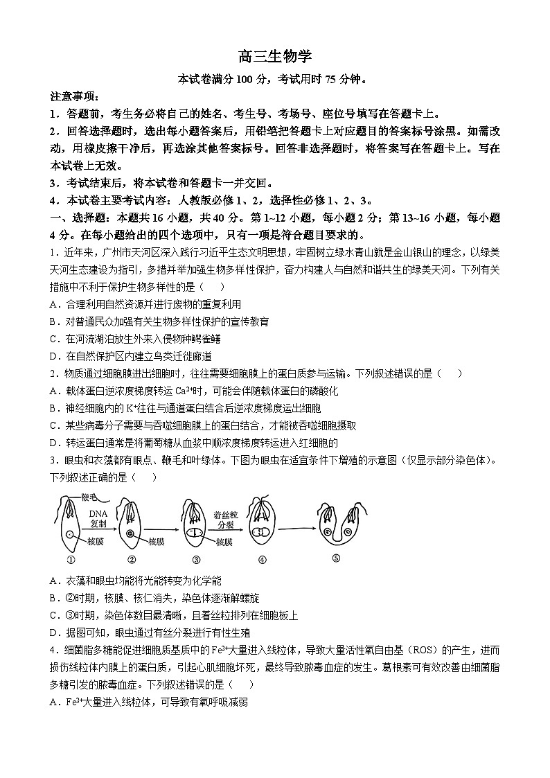 广东省部分学校2025届高三上学期期中联考生物试题第1页