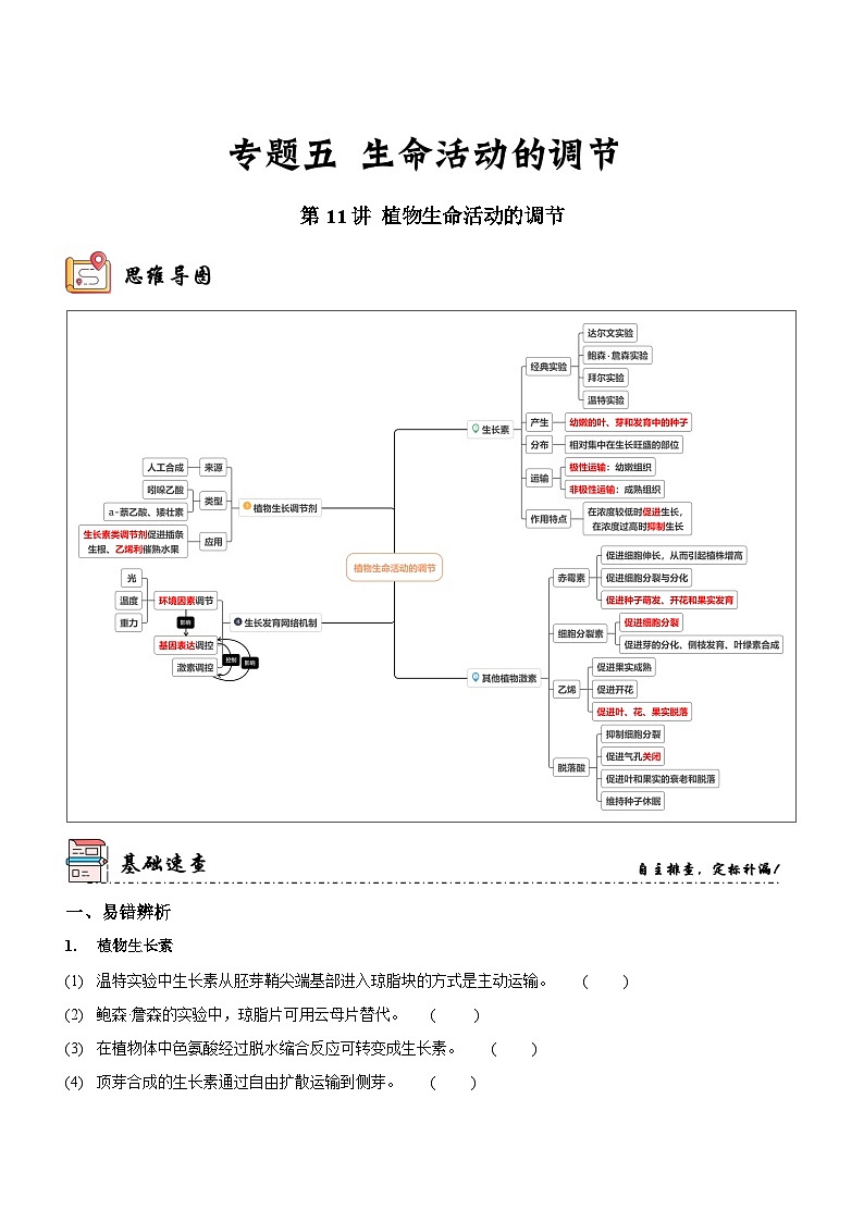 新高考生物二轮复习讲练测第11讲 植物生命活动的调节（讲练）（原卷版）第1页