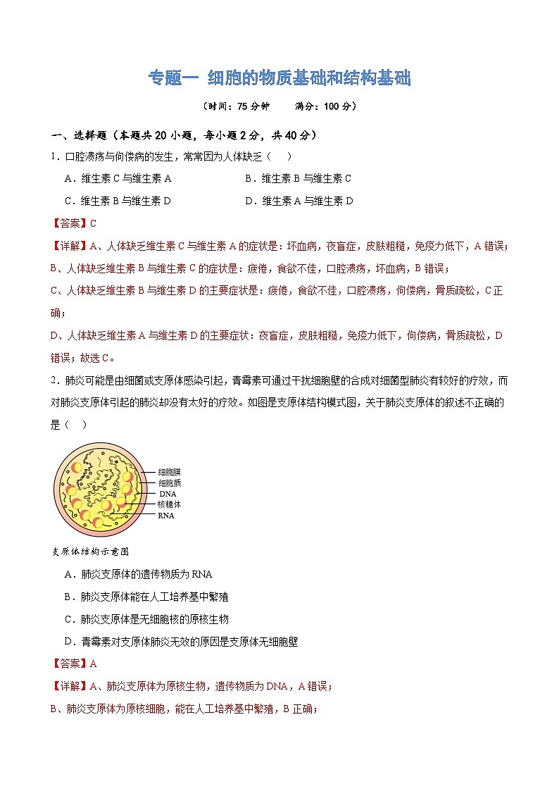 新高考生物二轮复习讲练测专题一 细胞的物质基础和结构基础（测试）（解析版）第1页