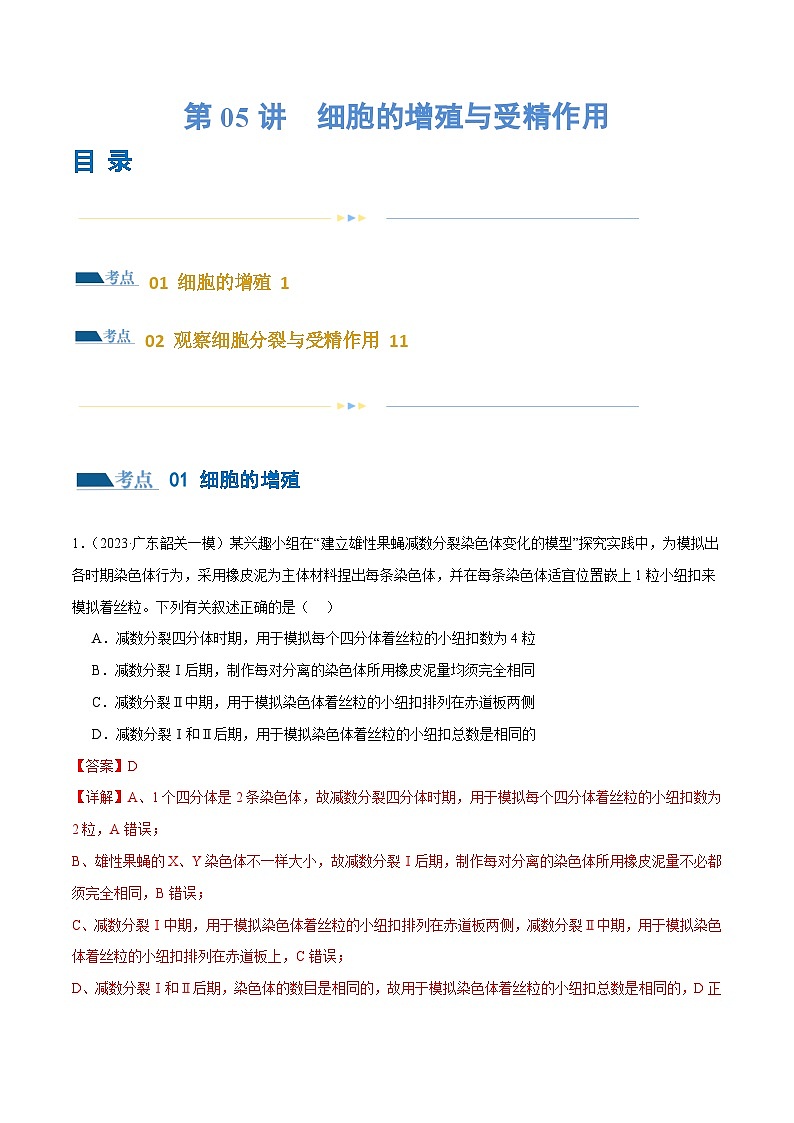 新高考生物二轮复习讲练测第05讲 细胞的增殖与受精作用（练习）（2份，原卷版+解析版）01