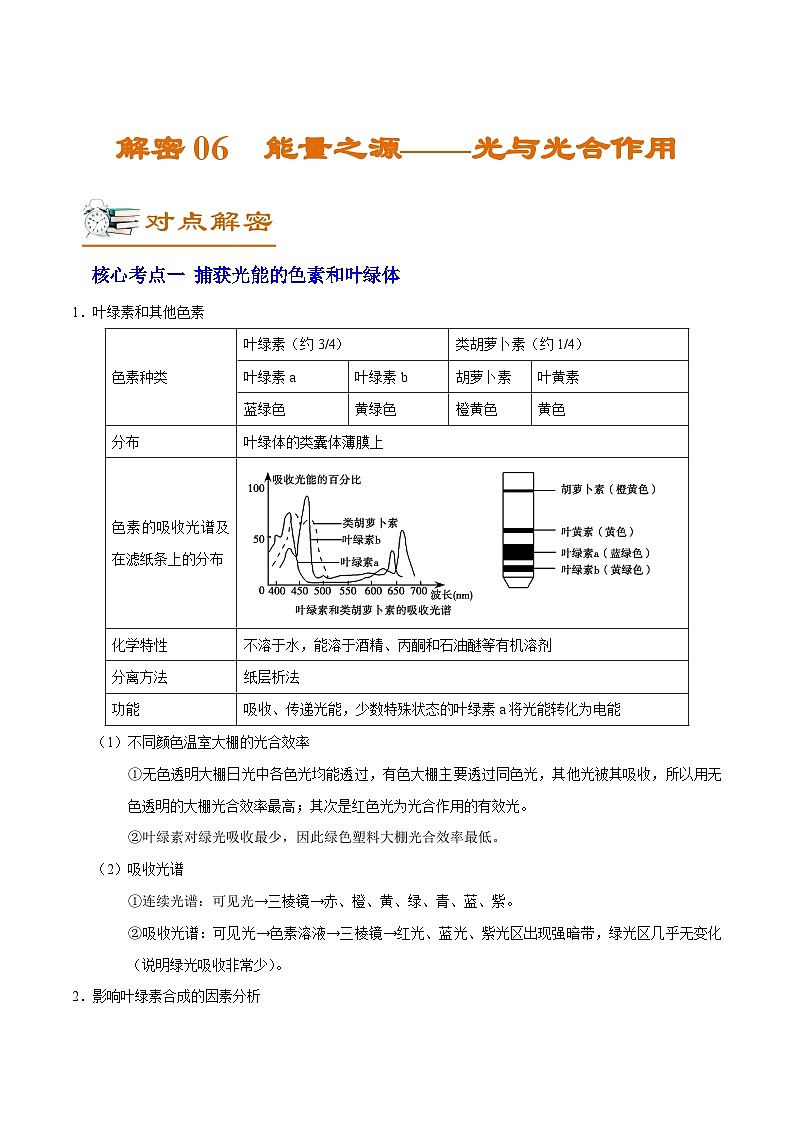新高考生物二轮复习讲义+分层训练解密06 能量之源——光与光合作用（含解析）01