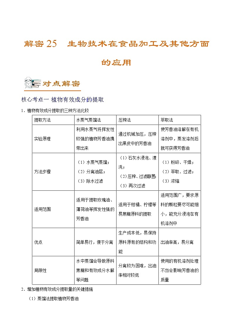新高考生物二轮复习讲义+分层训练解密25 生物技术在食品加工及其他方面的应用（含解析）01