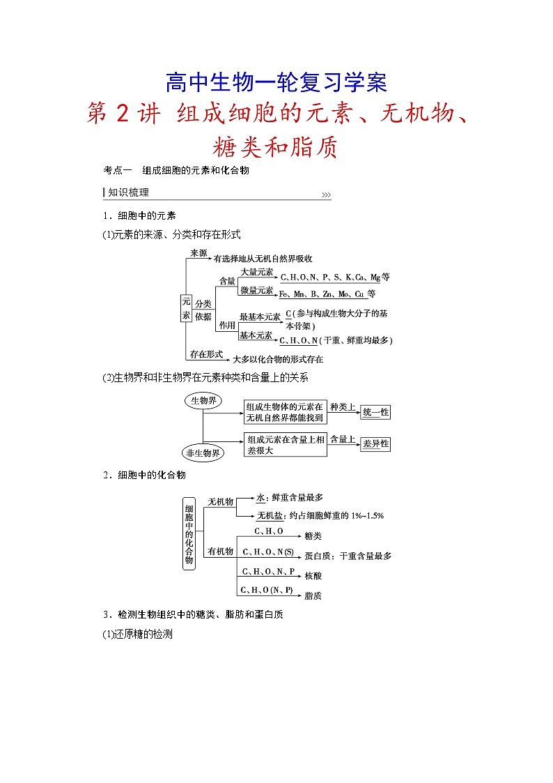 新高考生物一轮复习学案：第2讲　组成细胞的元素、无机物、糖类和脂质第1页