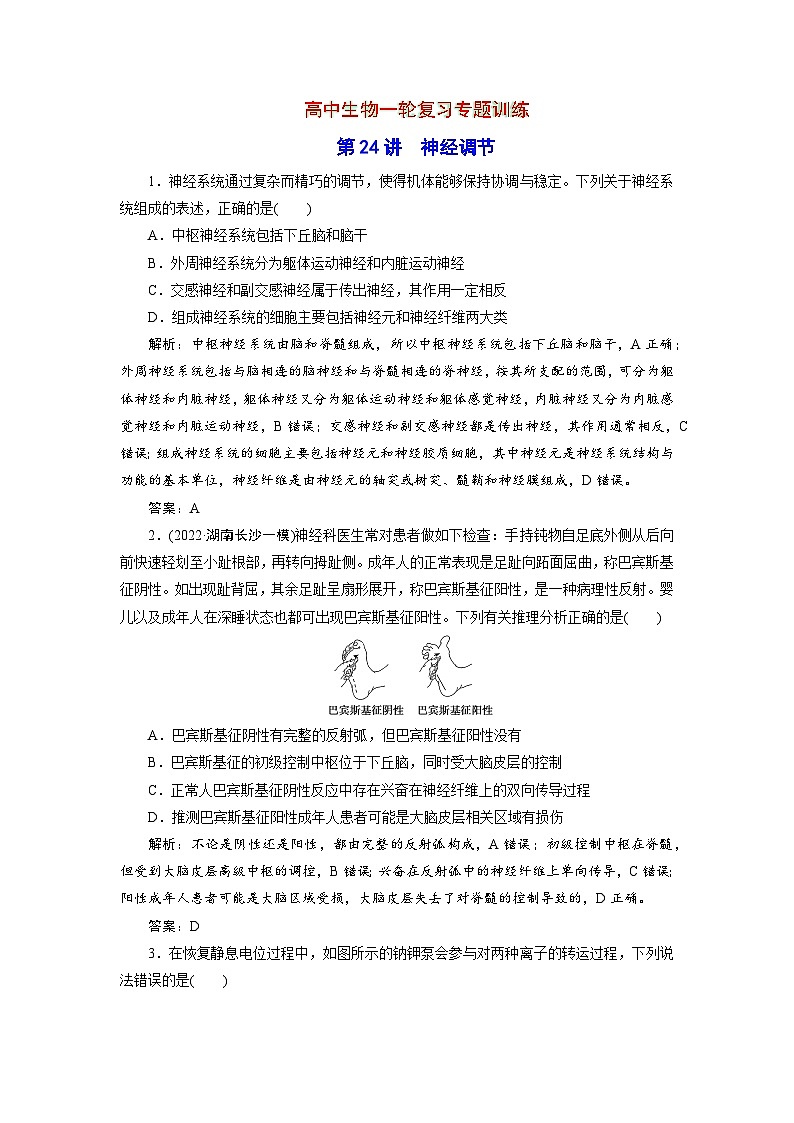 新高中生物一轮复习专题训练：第24讲 神经调节（word含解析）01