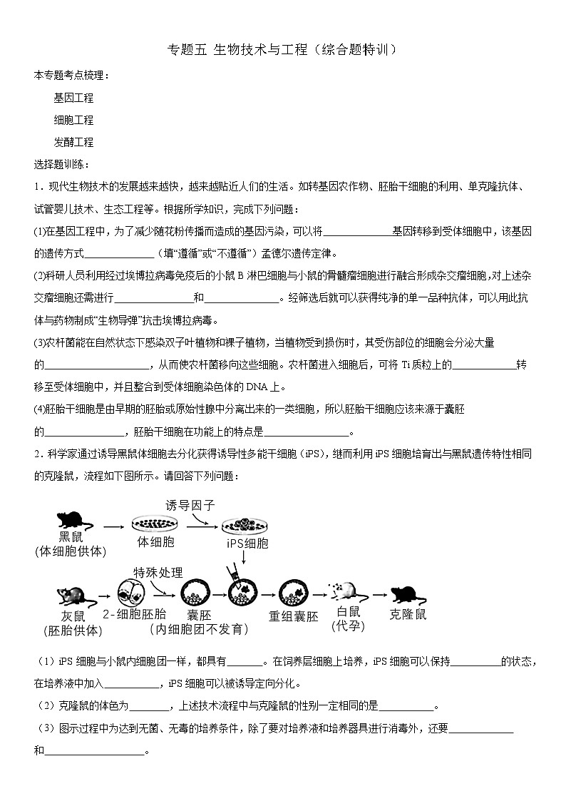 新高考生物二轮复习专题训练专题五 生物技术与工程（综合题特训）（原卷版）第1页