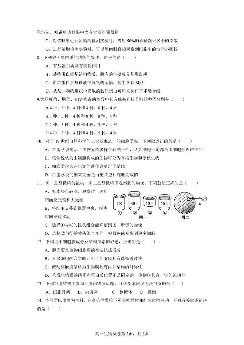 高一生物质量检测试卷第2页
