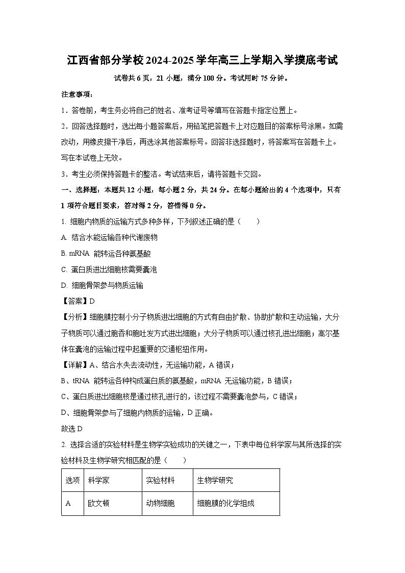 江西省部分学校2024-2025学年高三上学期入学摸底生物考试（解析版）第1页