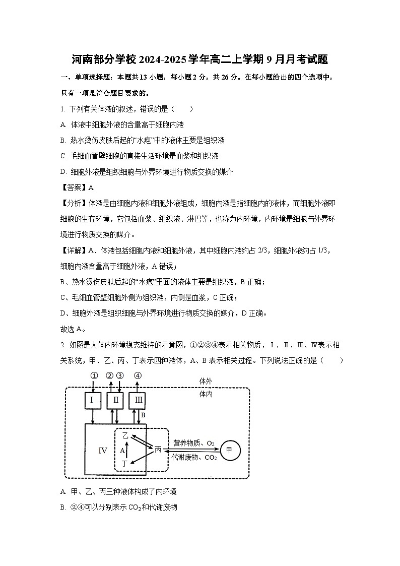 河南部分学校2024-2025学年高二上学期9月月考生物试题（解析版）第1页