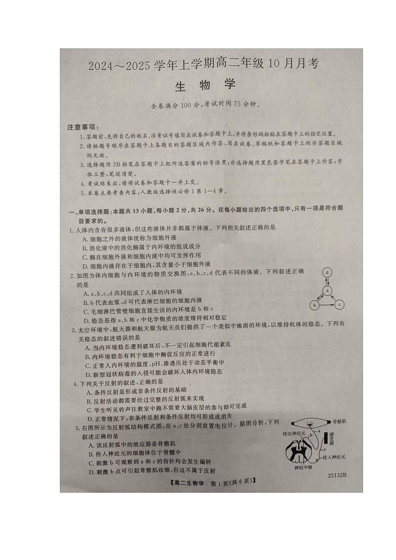 河南省平顶山市叶县高级中学2024-2025学年高二上学期10月月考生物试卷 第1页