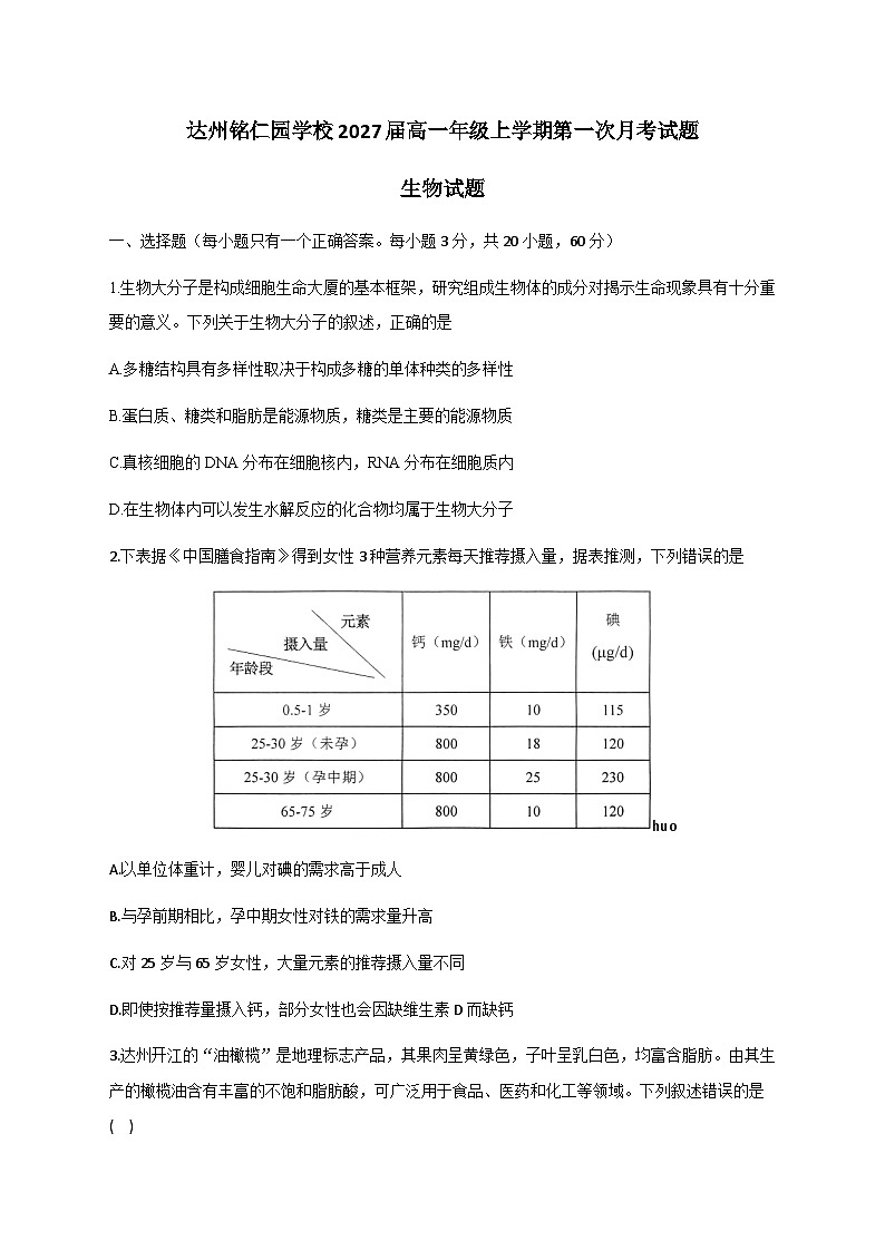 四川省达州市达川区铭仁园学校2024-2025学年高一上学期第一次月考生物试题第1页