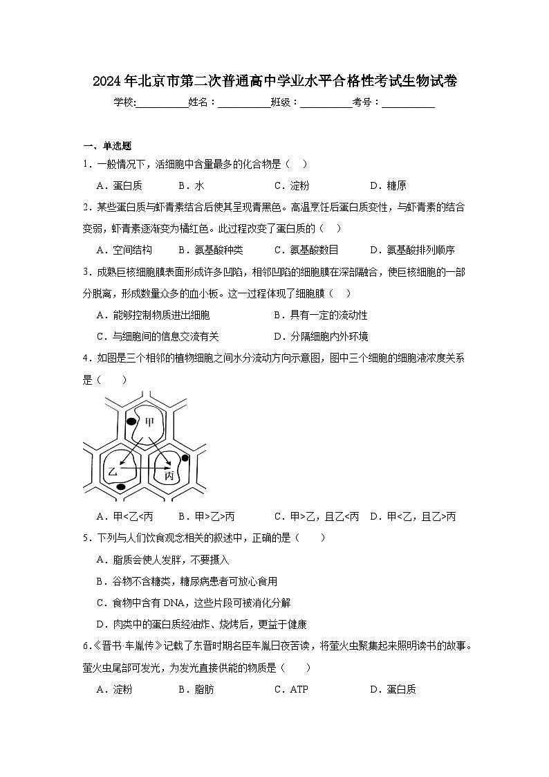 2024年北京市第二次普通高中学业水平合格性考试生物试卷第1页