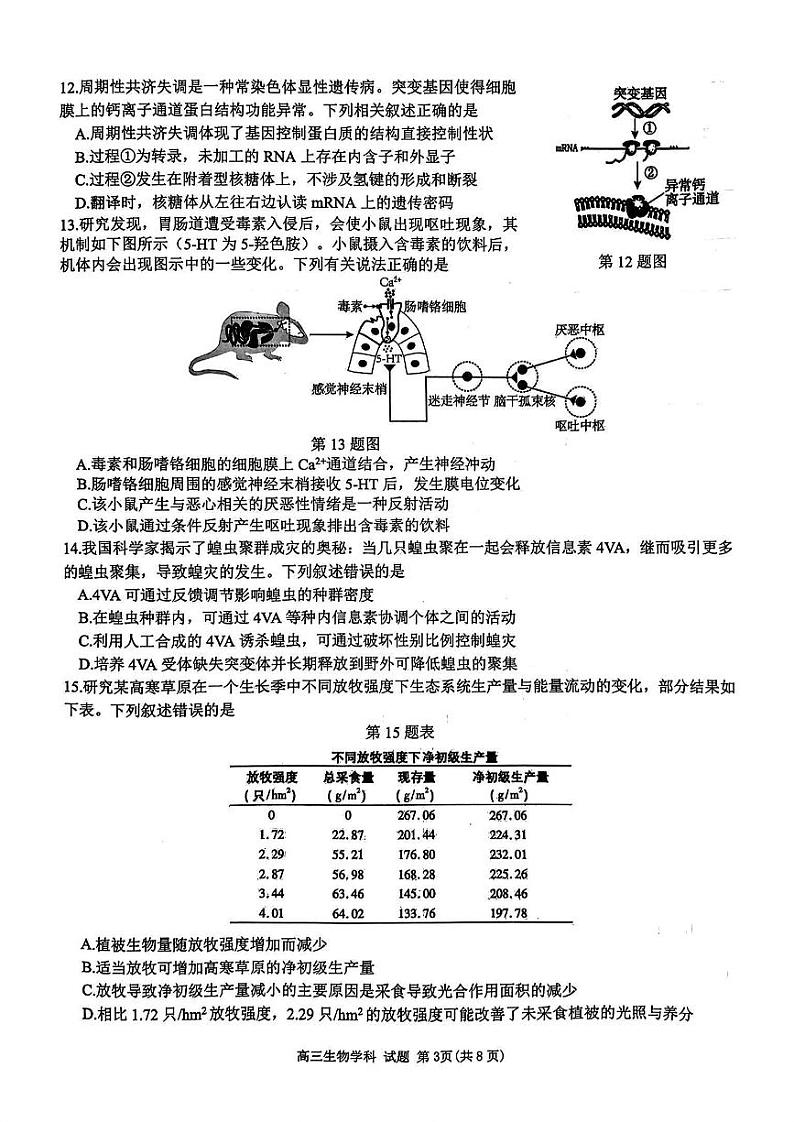 【百强校大联考】【浙江卷】2024-2025学年第一学期2025届天域全国名校协作体联考暨浙江省10月联考（10.6-10.8）             生物试卷第3页