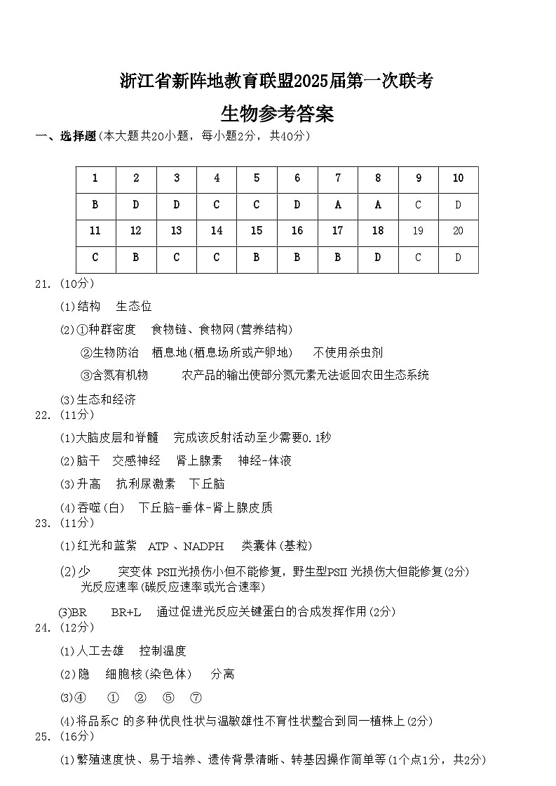 【浙江卷】浙江省新阵地教育联盟2025届高三上学期第一次联考10月联考（10.7-70.9）               生物试卷答案第1页