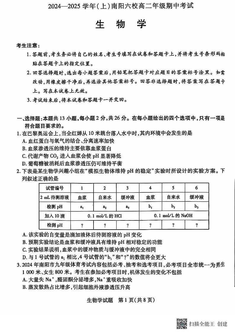河南省南阳市六校2024-2025学年高二上学期10月期中考试生物试题01