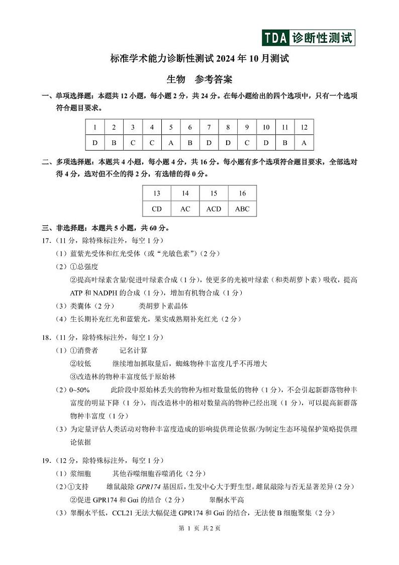 2024年10月诊断性测试生物答案第1页