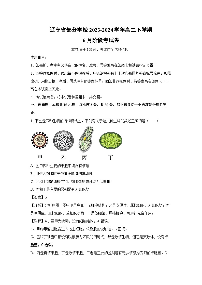 辽宁省部分学校2023-2024学年高二下学期6月阶段考生物试卷（解析版）第1页