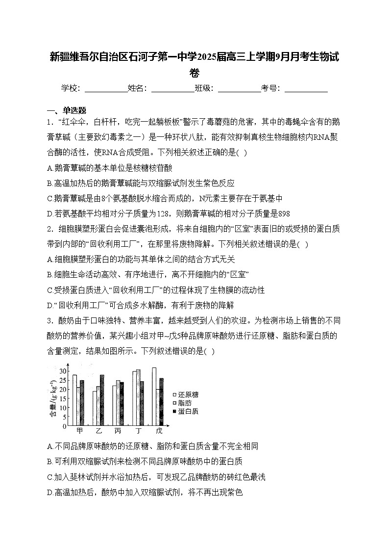 新疆维吾尔自治区石河子第一中学2025届高三上学期9月月考生物试卷(含答案)第1页