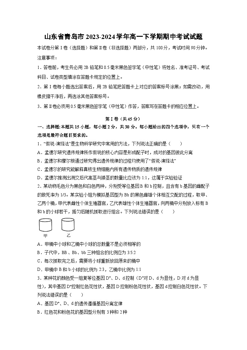 山东省青岛市2023-2024学年高一下学期期中考试生物试卷第1页