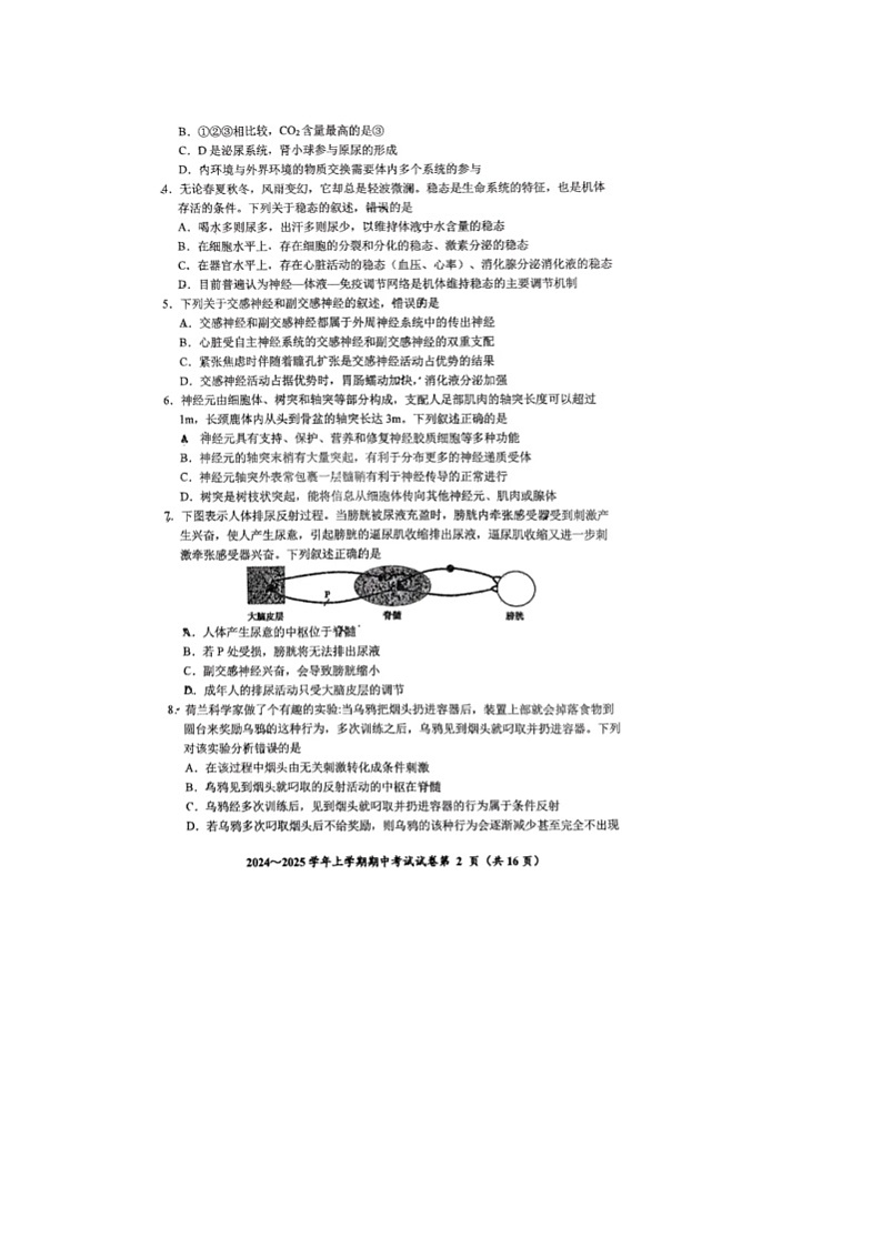 吉林省长春市东北师范大学附属中学2024-2025学年高二上学期10月期中考试生物试题第2页